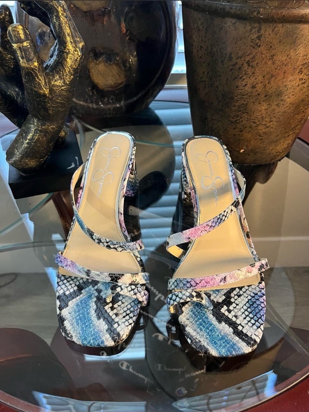 Jessica Simpson Multicolor Snakeskin Strappy Mules